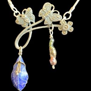 🌴Vintage Art Nouveau Choker With Marcasite, enamel and Black Fresh Water Pearl.